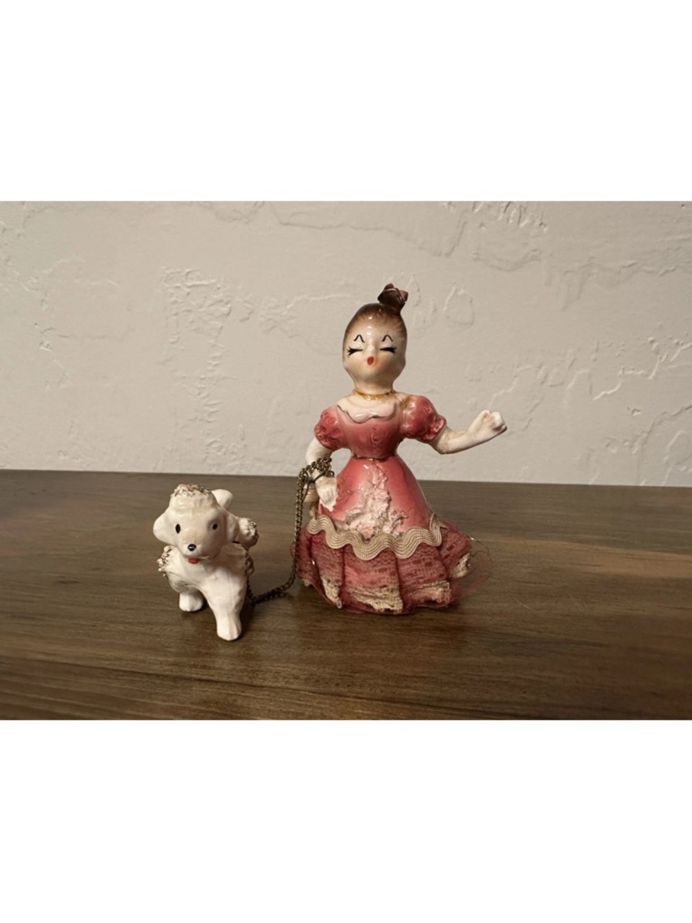 Lipper Mann Vintage Ceramic Girl Figurine  Poodle Dog On Chain Leash Japan 1950